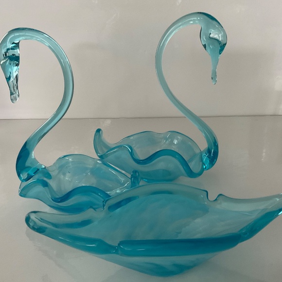 VINTAGE MCM GLASS SWANS AND DISH BOWL 3 PCS AQUA BLUE / WHITE MARBLED HANDBLOWN - Picture 5 of 8